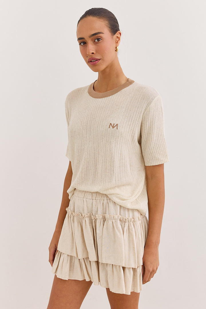 חולצת לוגו נורי בד סריג שקפקף | בז'/חום