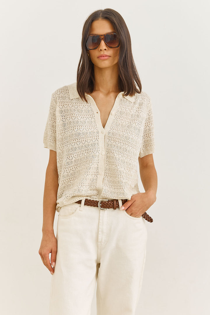חולצת סוני פשתן בשילוב צווארון | בז'