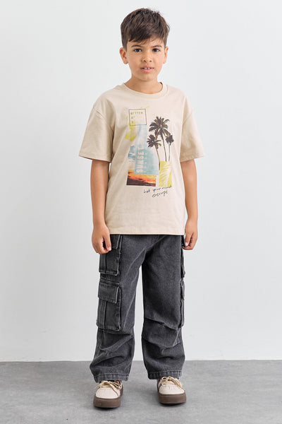 טישרט SUNSET גזרת אוברסייז | בז'