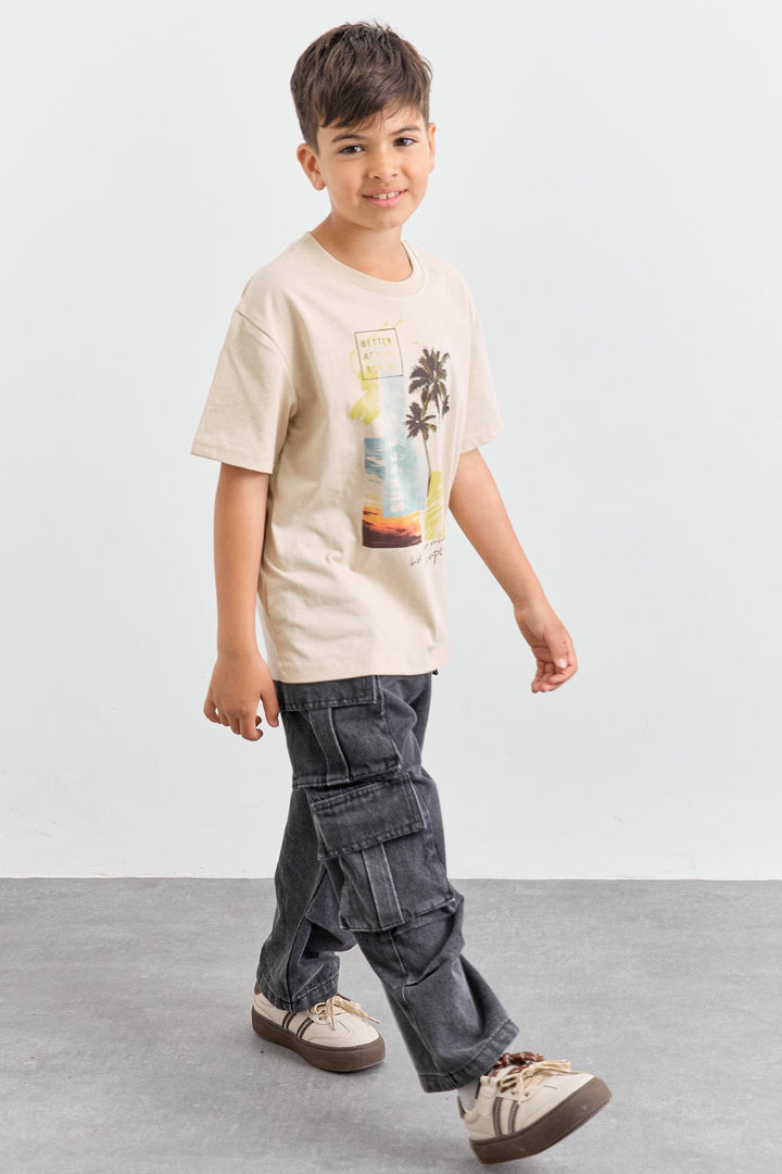 טישרט SUNSET גזרת אוברסייז | בז'