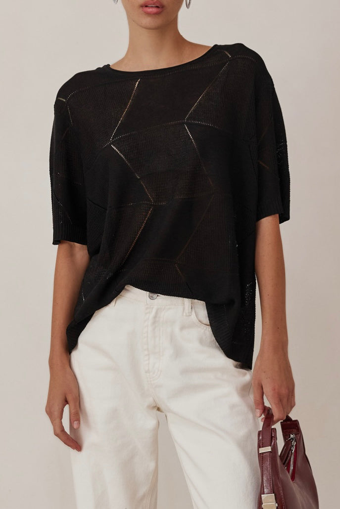חולצת סריג דק לימה שרוול קצר | שחור