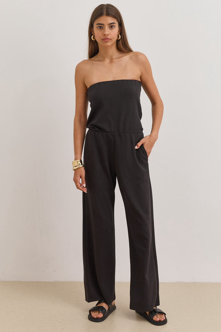 אוברול סטרפלס סלין גומי במותן | שחור