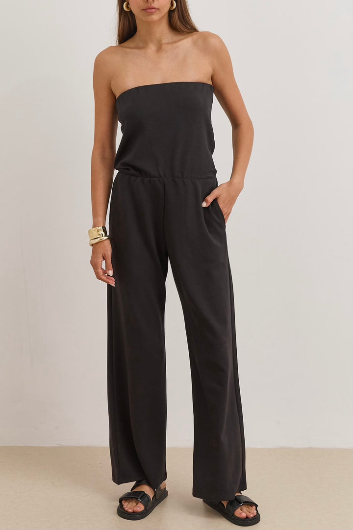 אוברול סטרפלס סלין גומי במותן | שחור