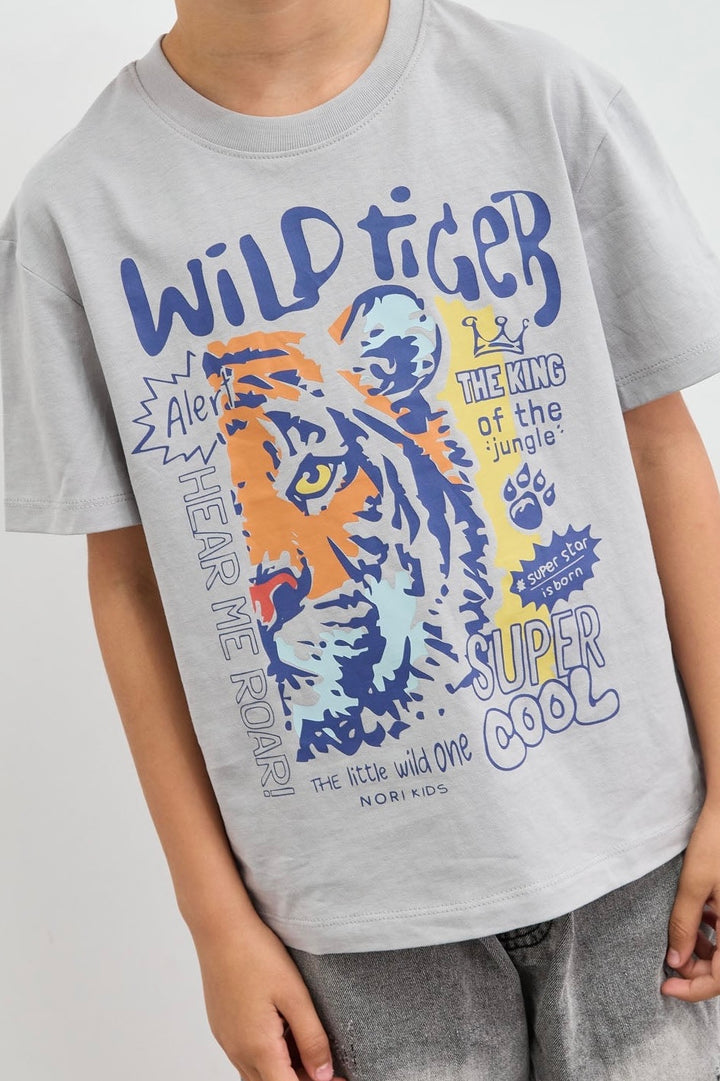 טי שירט Wild Tiger בגזרת אוברסייז | אפור