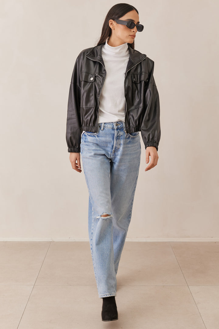 ג'קט דברה דמוי עור בשילוב כיסים | שחור