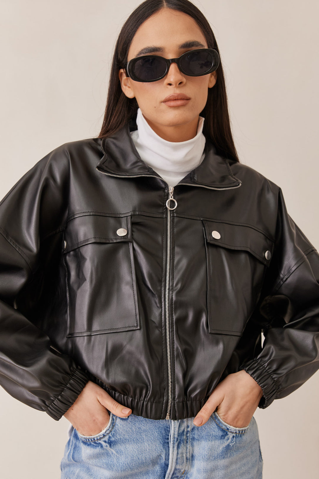 ג'קט דברה דמוי עור בשילוב כיסים | שחור
