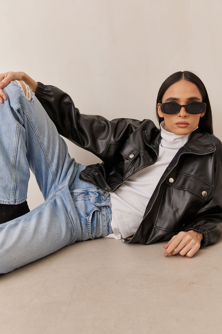 ג'קט דברה דמוי עור בשילוב כיסים | שחור