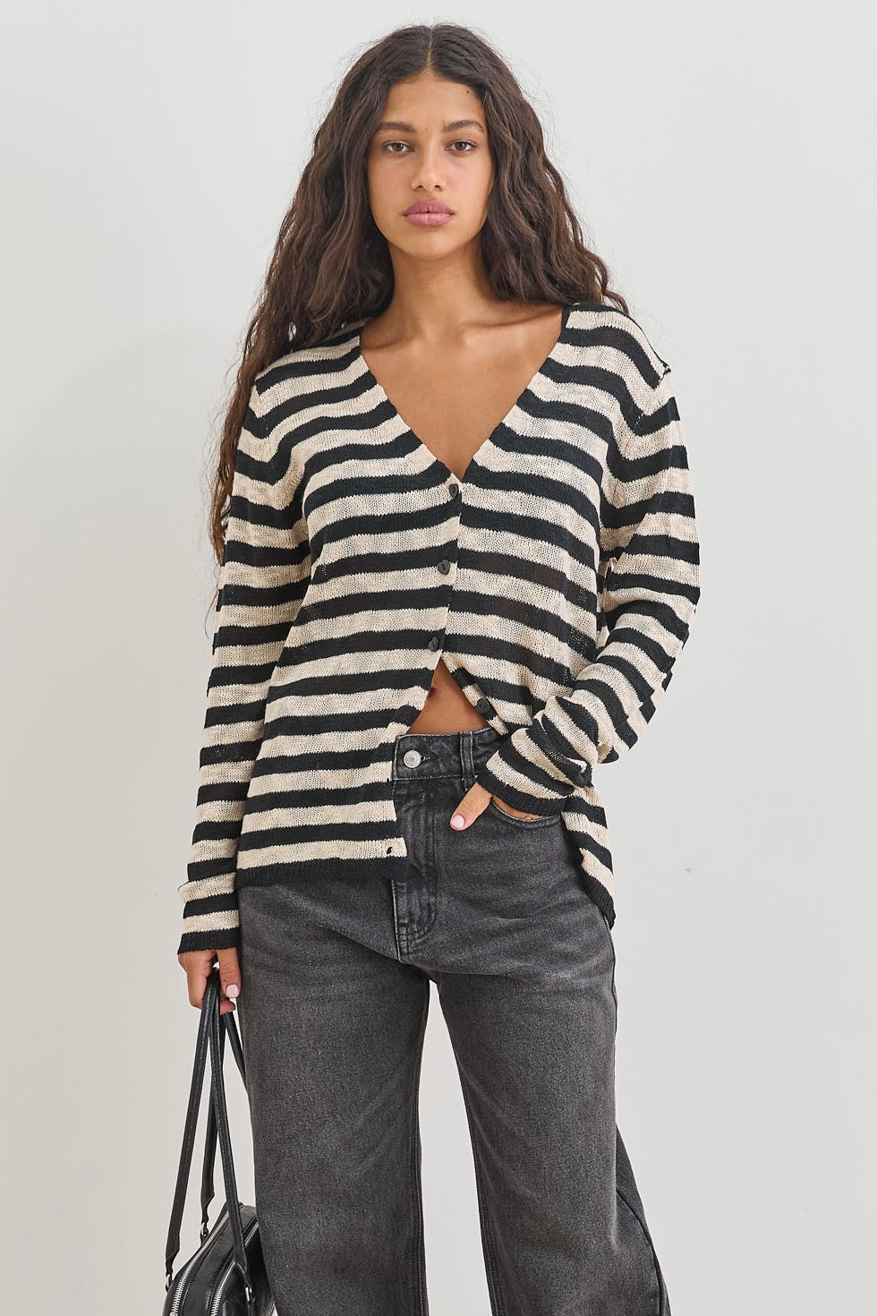 קרדיגן עמנואל סטרייפס כפתורי לב | בז'/שחור