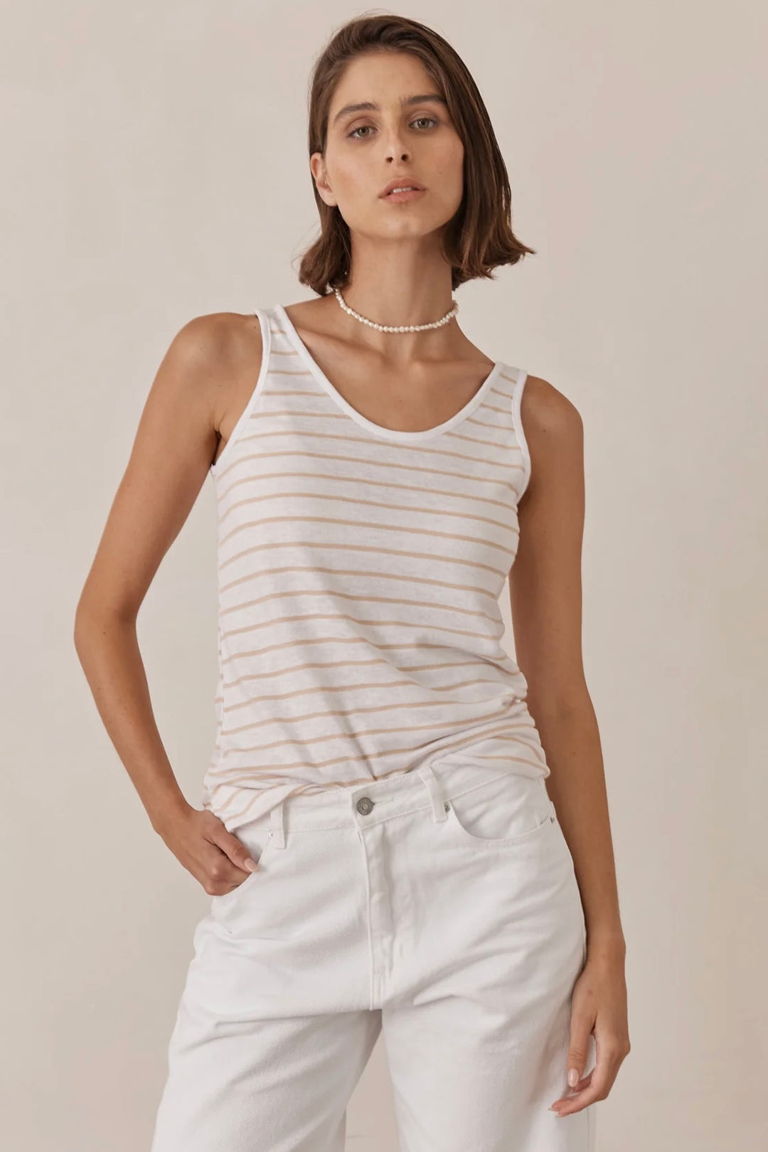 גופיית יאן סטרייפס | לבן/בז'