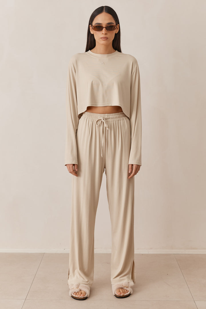 חולצת נורי קרופ שרוולים ארוכים | בז'