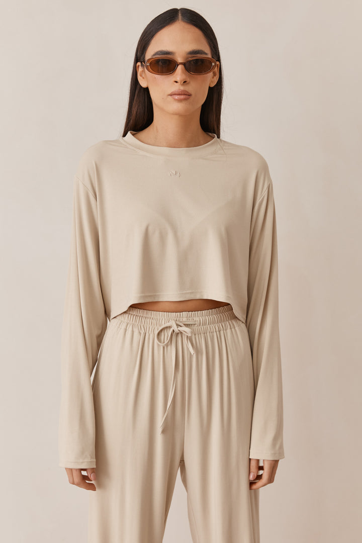 חולצת נורי קרופ שרוולים ארוכים | בז'
