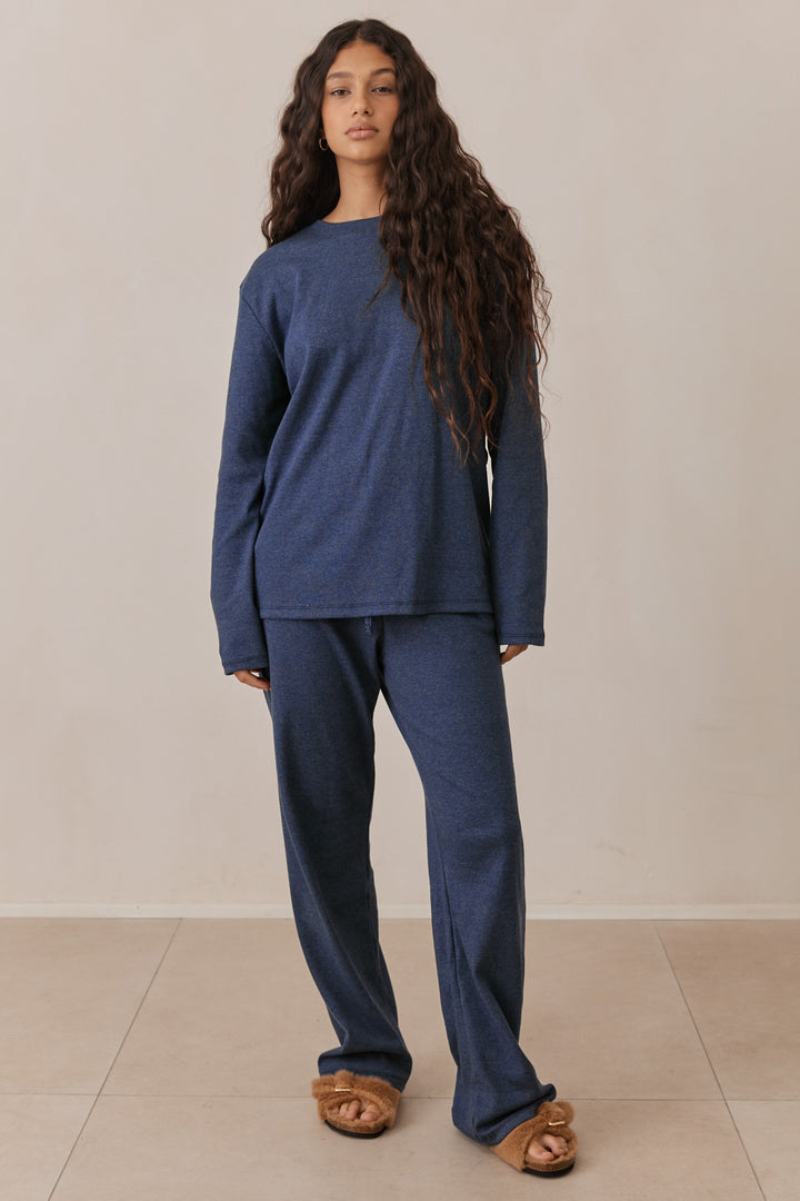 חולצת מארני בד ריב בשילוב קשירה ורקמת לוגו | כחול נייבי