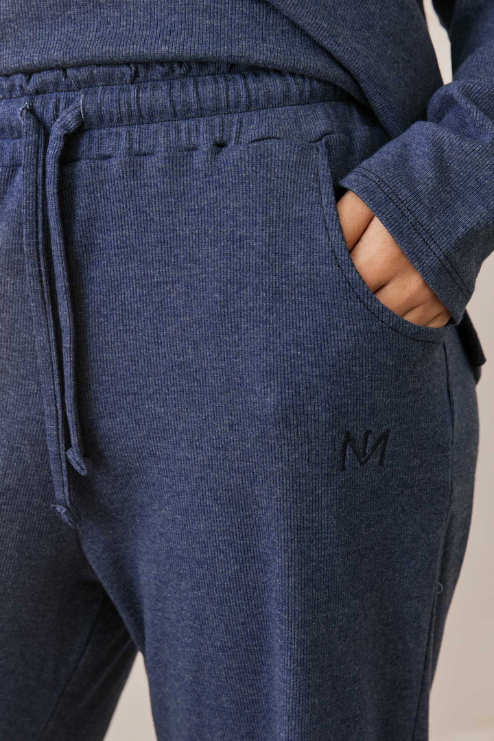 מכנסי מארני בד ריב בשילוב רקמת לוגו | כחול נייבי