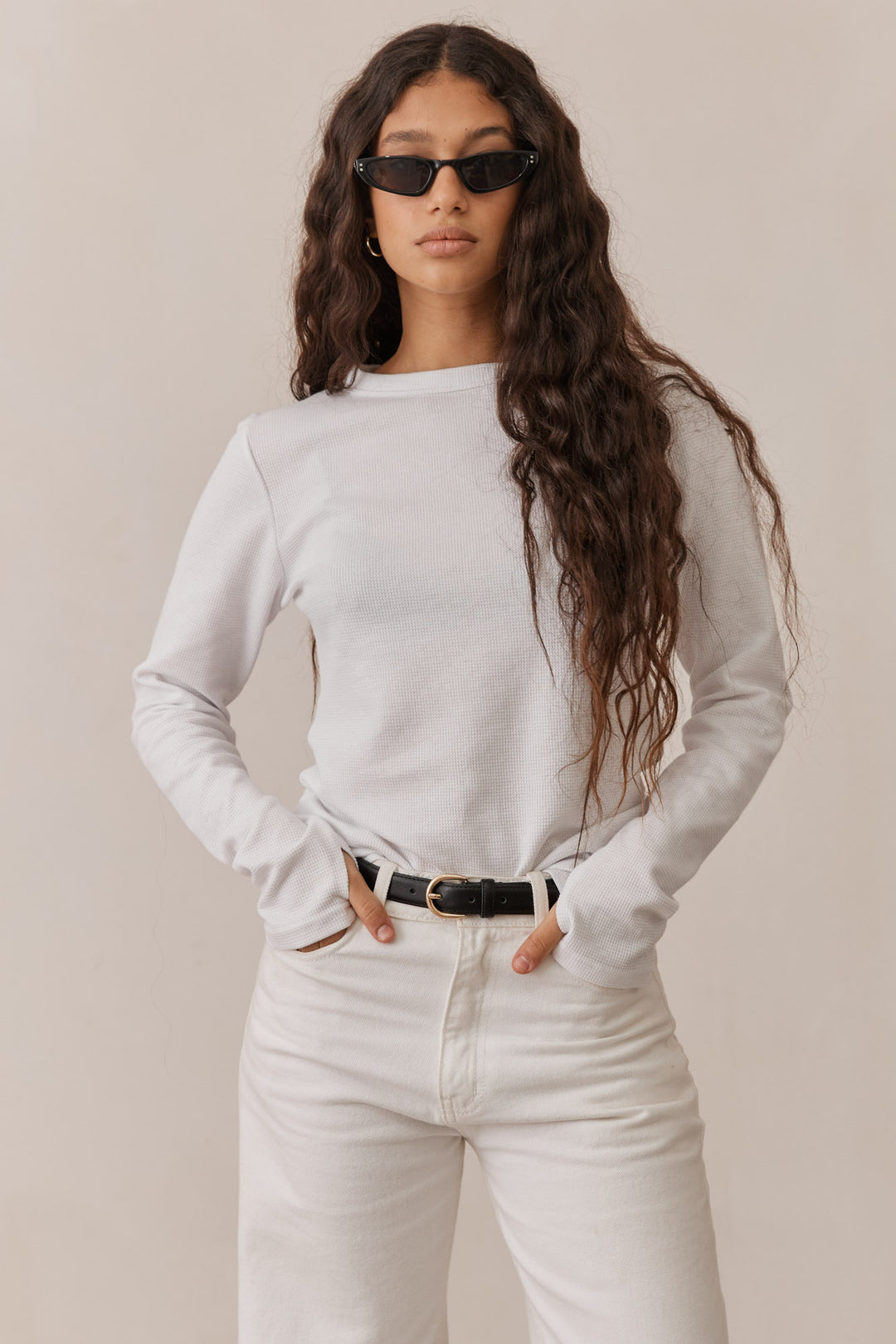 טי שירט לני וופל שרוולי כפפה | לבן