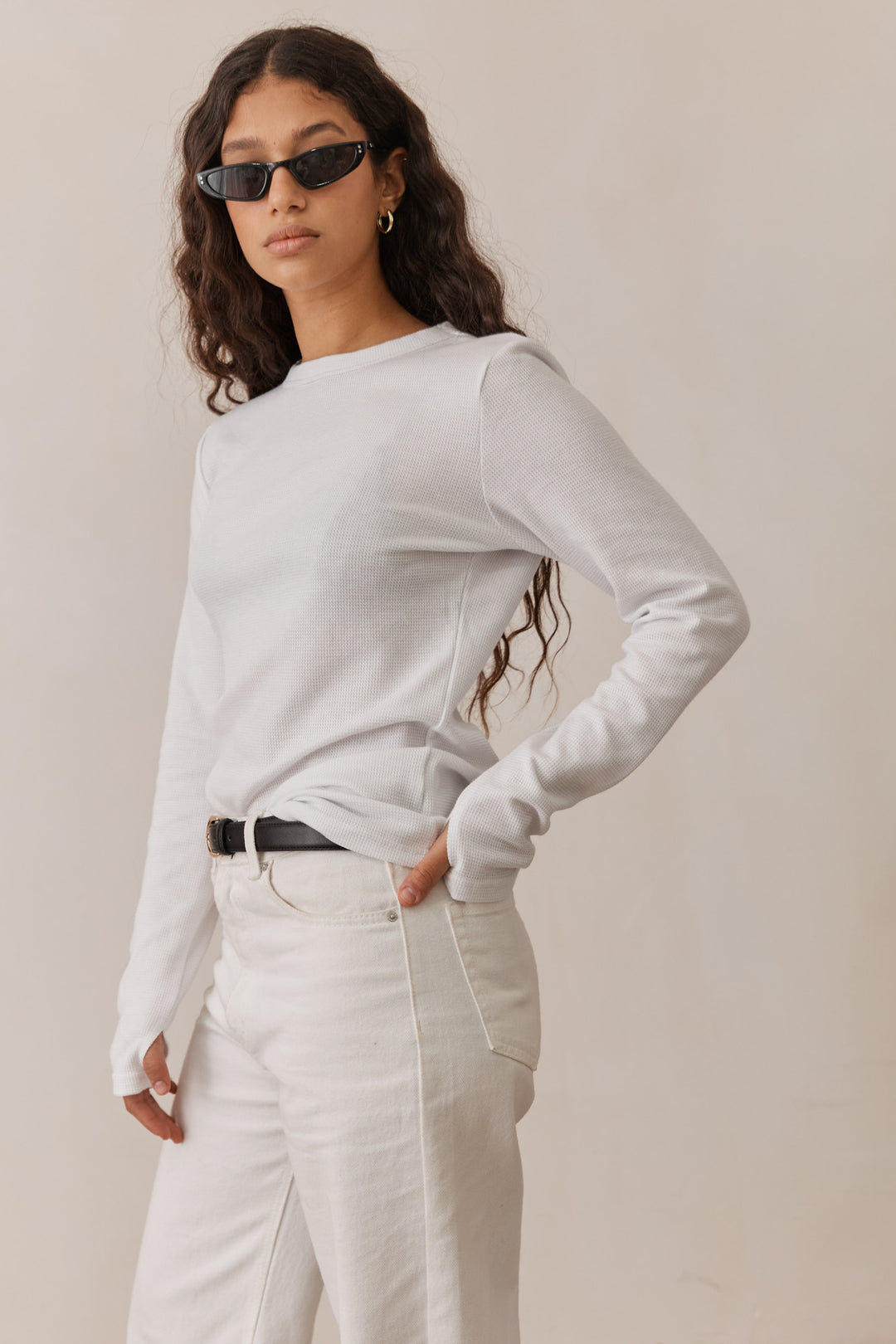 טי שירט לני וופל שרוולי כפפה | לבן