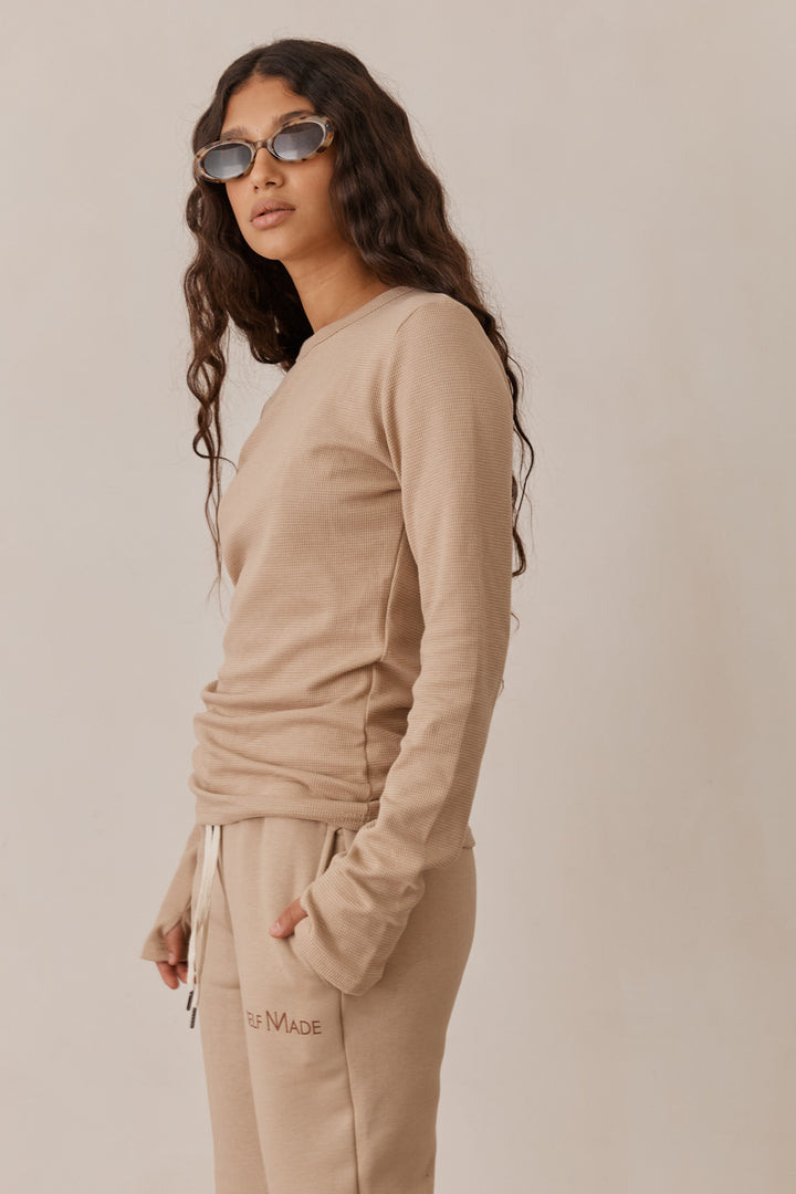 טי שירט לני וופל שרוולי כפפה | בז'