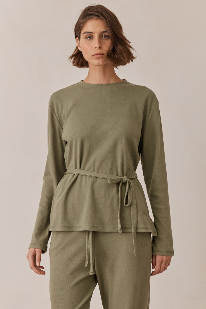 חולצת מארני בד ריב בשילוב קשירה ורקמת לוגו | ירוק זית