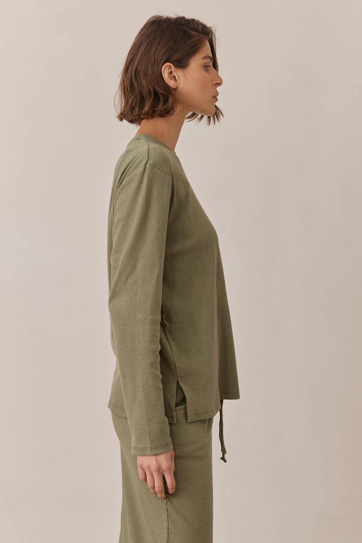 חולצת מארני בד ריב בשילוב קשירה ורקמת לוגו | ירוק זית