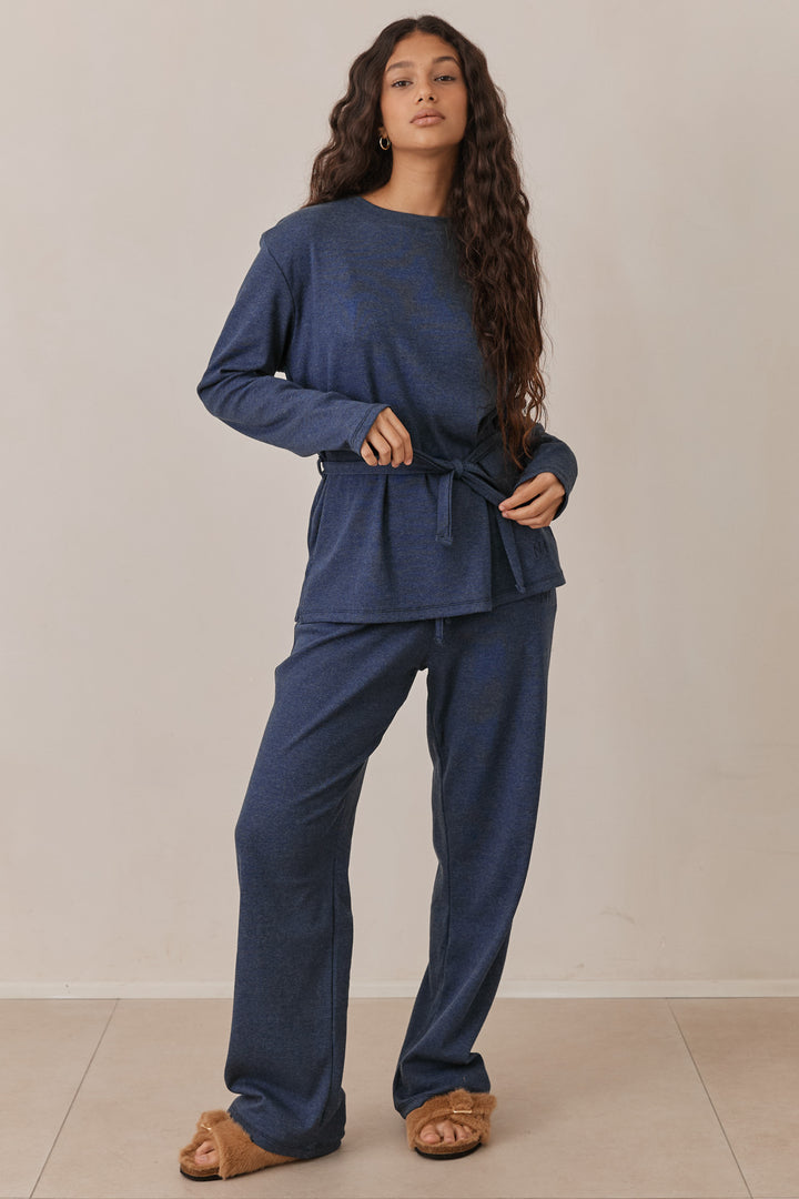 חולצת מארני בד ריב בשילוב קשירה ורקמת לוגו | כחול נייבי