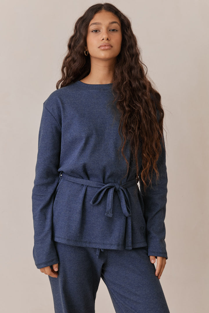 חולצת מארני בד ריב בשילוב קשירה ורקמת לוגו | כחול נייבי