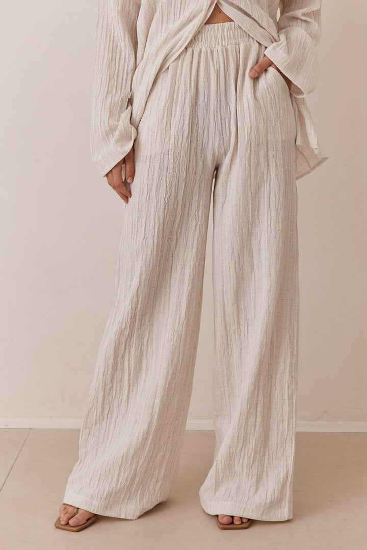 מכנסי דרו דמוי פשתן בשילוב גומי במותן וטקסטורה | אבן