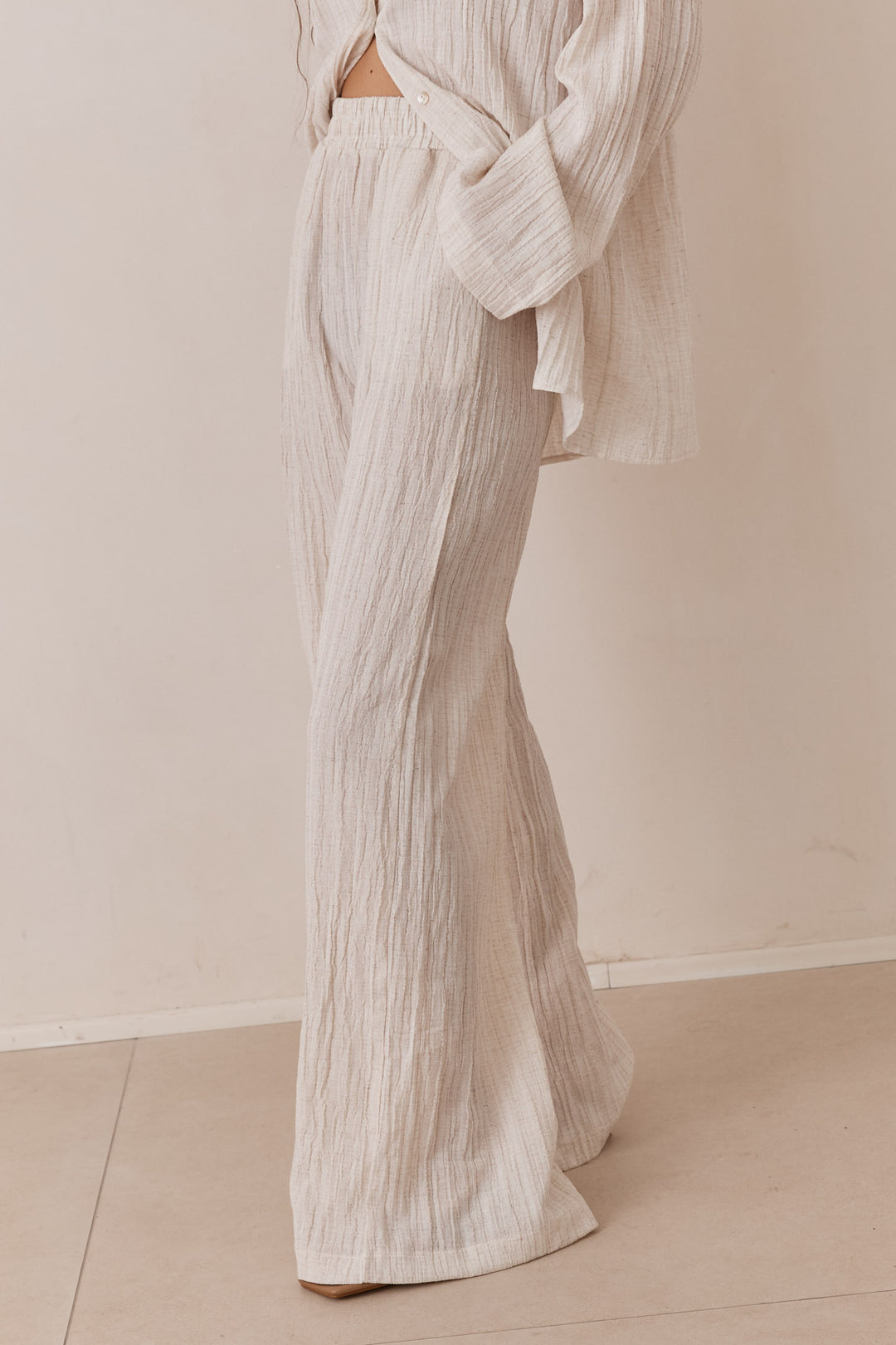 מכנסי דרו דמוי פשתן בשילוב גומי במותן וטקסטורה | אבן