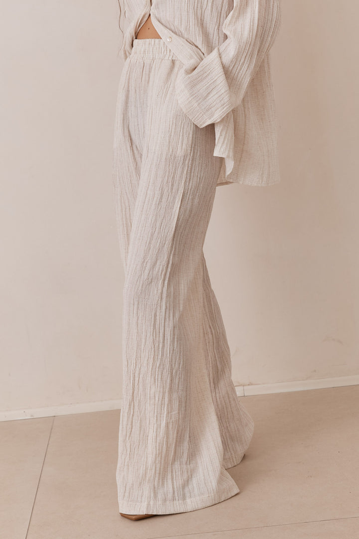 מכנסי דרו דמוי פשתן בשילוב גומי במותן וטקסטורה | אבן