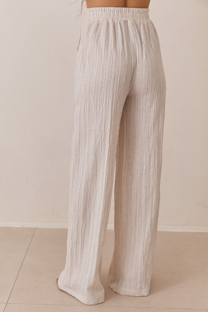 מכנסי דרו דמוי פשתן בשילוב גומי במותן וטקסטורה | אבן