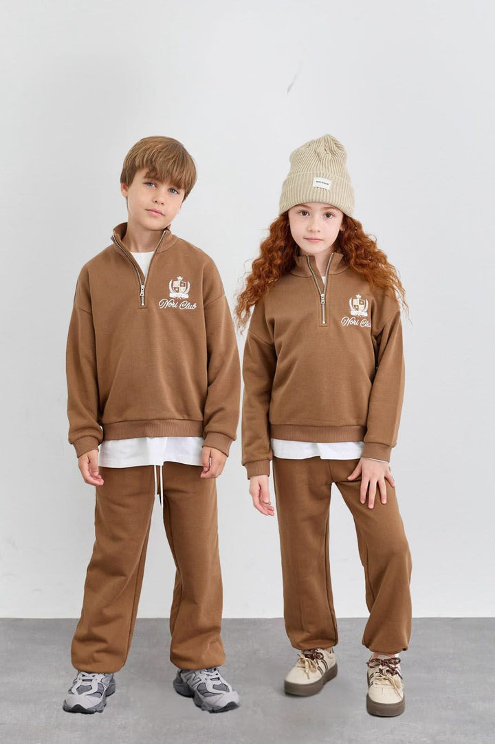 חליפה מבד פרנץ' טרי סווטשירט גולף עם רוכסן ומכנסי בלון | חום