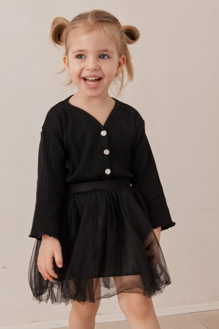 חולצת ריב ארוכה בשילוב כפתורים | שחור