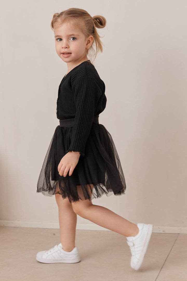 חולצת ריב ארוכה בשילוב כפתורים | שחור