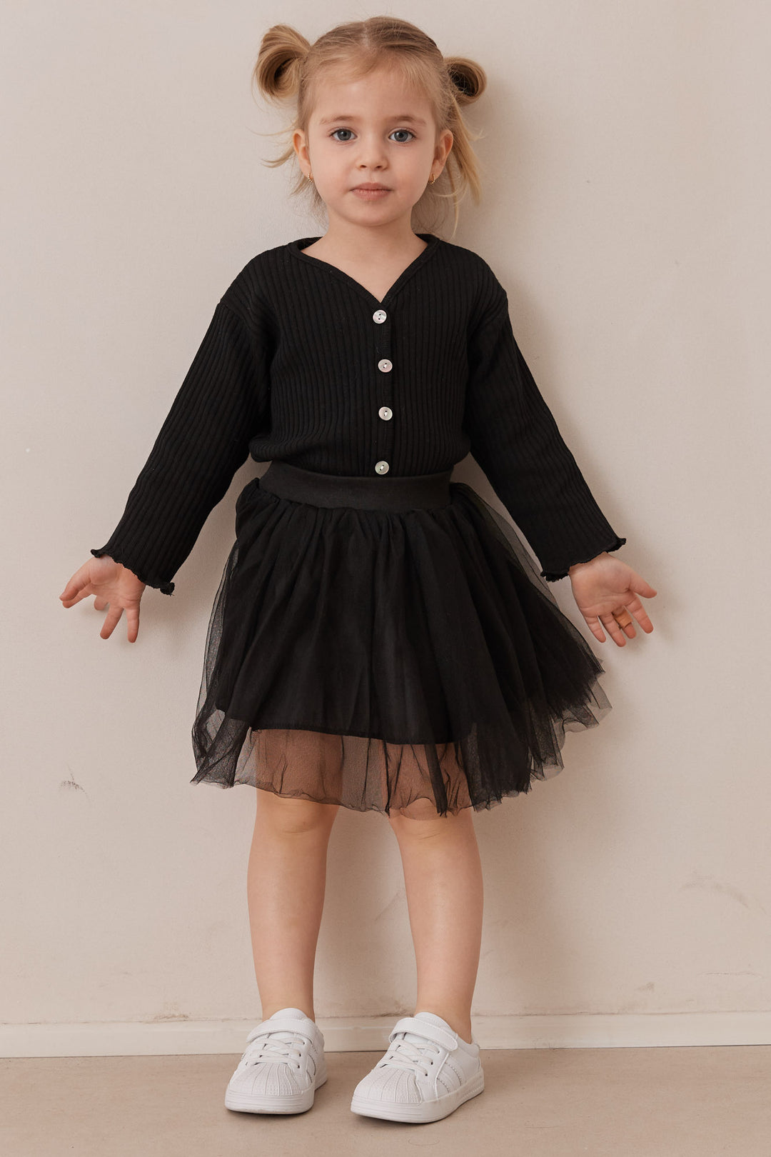 חולצת ריב ארוכה בשילוב כפתורים | שחור