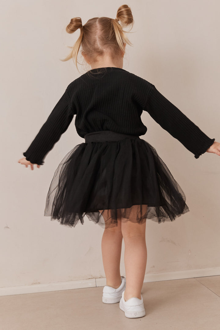 חולצת ריב ארוכה בשילוב כפתורים | שחור