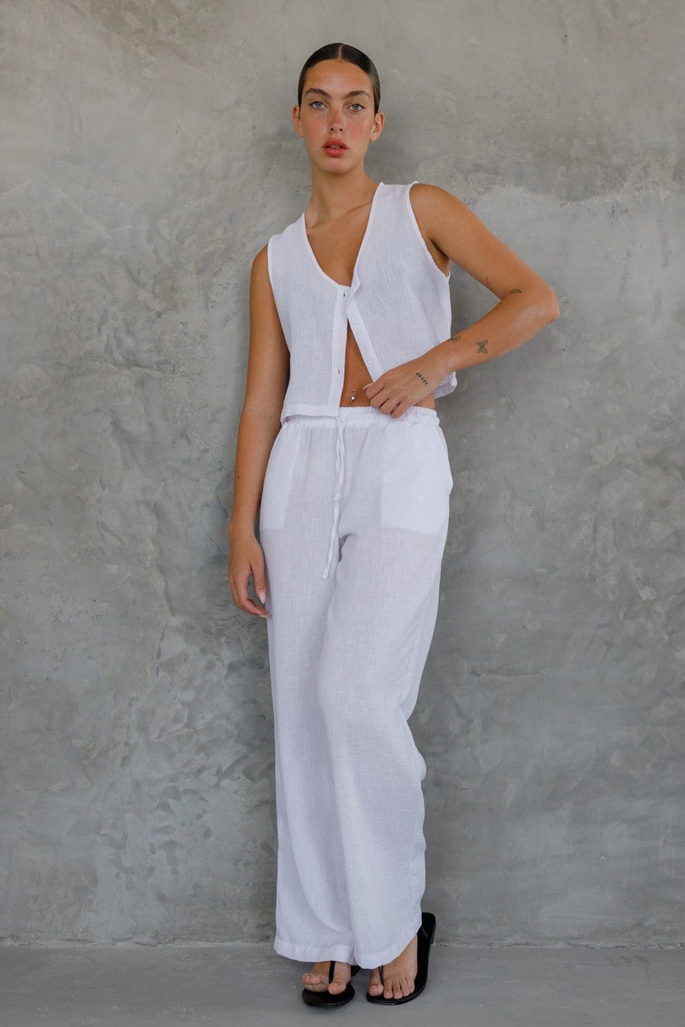 מכנסי גוני דמוי פשתן בשילוב גומי | לבן