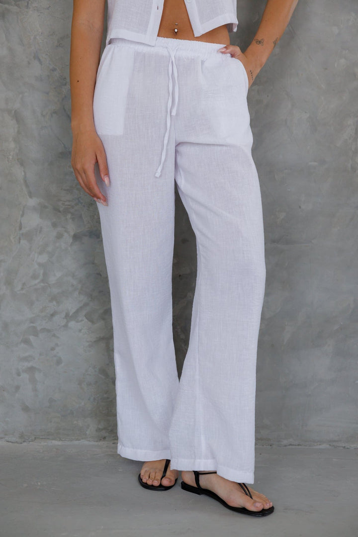 מכנסי גוני דמוי פשתן בשילוב גומי | לבן
