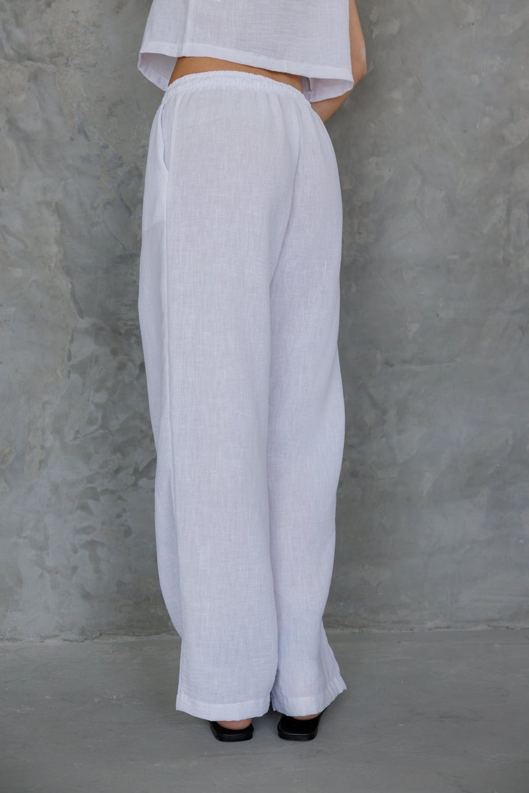 מכנסי גוני דמוי פשתן בשילוב גומי | לבן