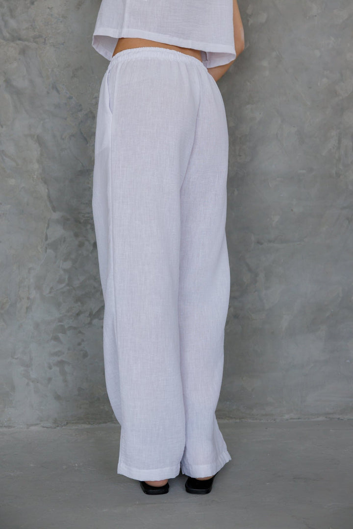 מכנסי גוני דמוי פשתן בשילוב גומי | לבן