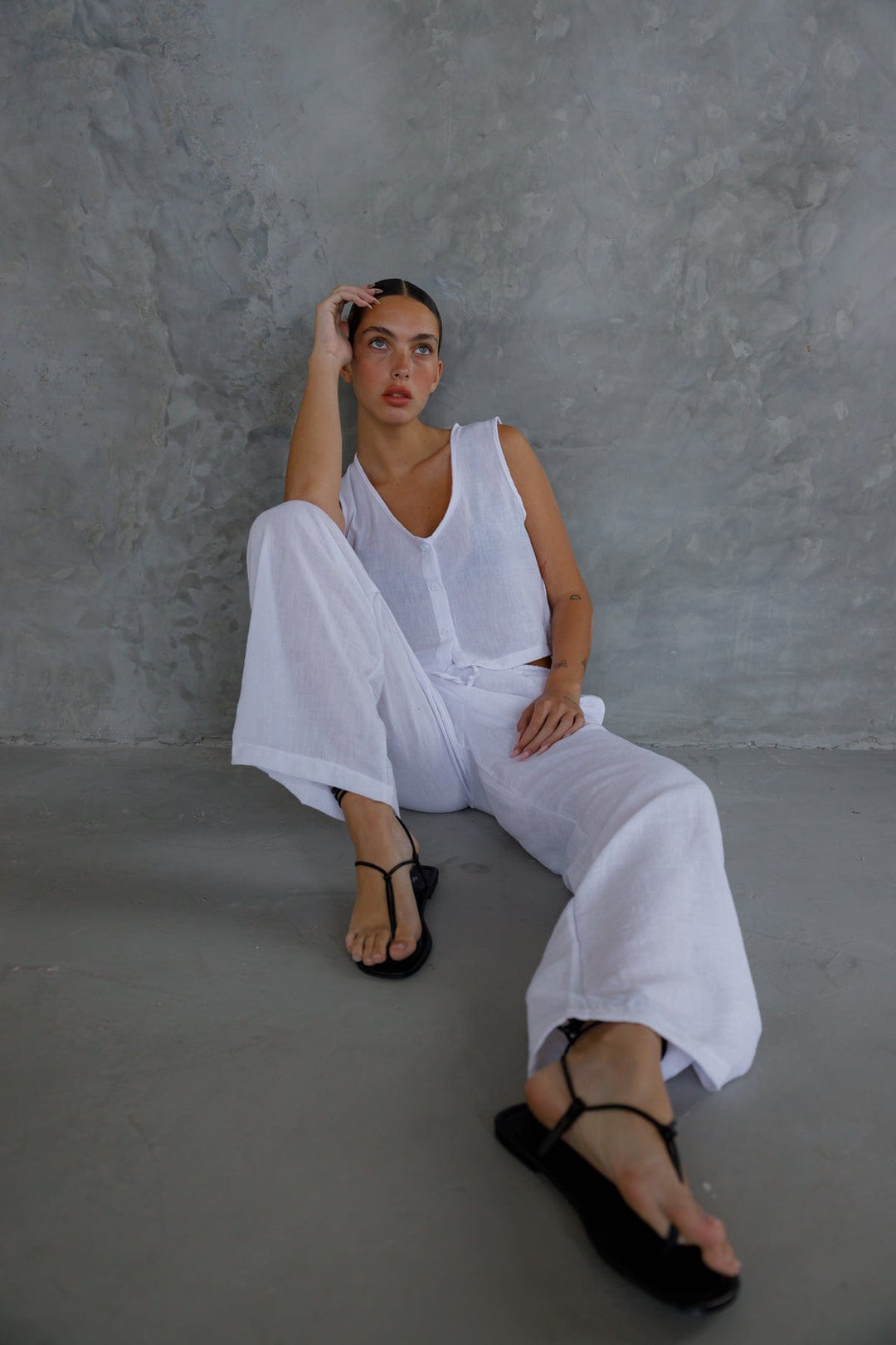 מכנסי גוני דמוי פשתן בשילוב גומי | לבן