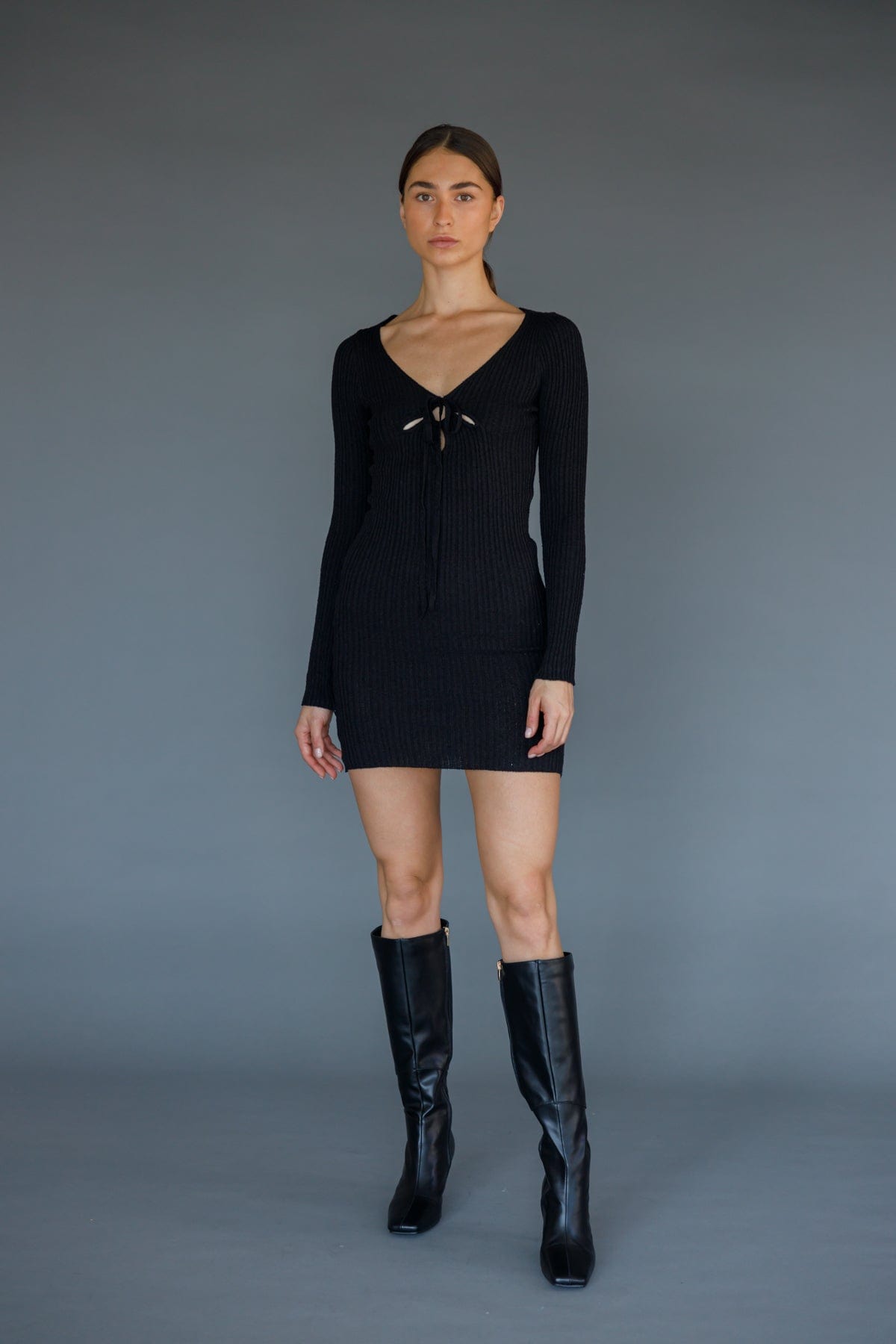 שמלת סריג מארווין בשילוב קשירה | שחור