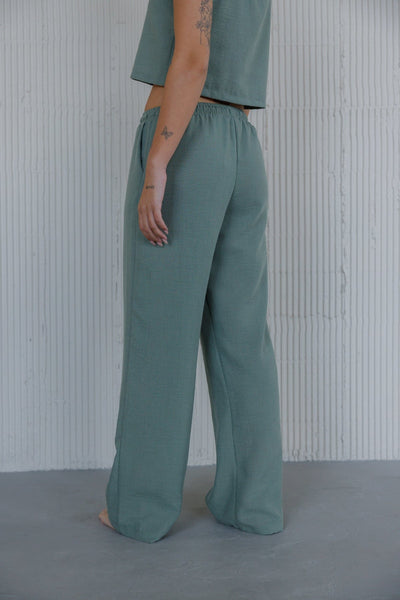 מכנסי גוני דמוי פשתן בשילוב גומי | ירוק זית
